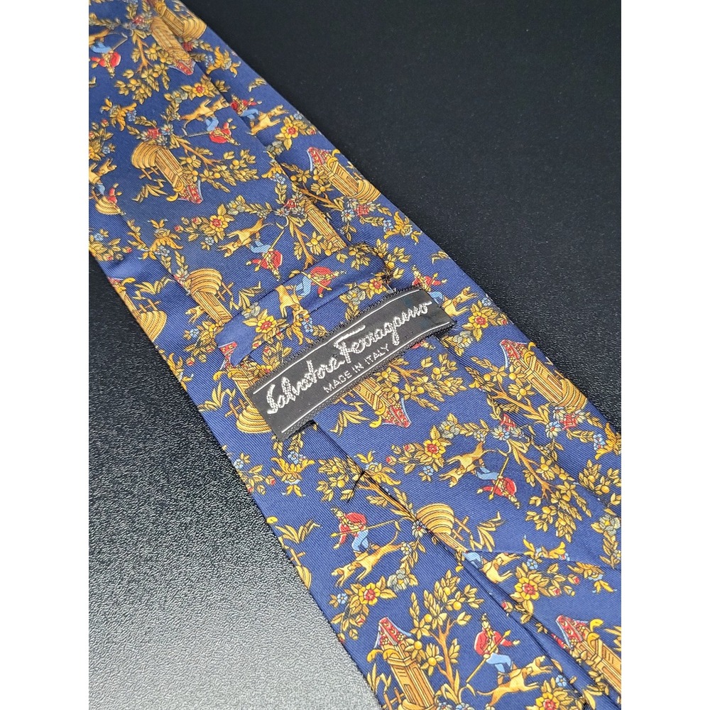 Salvatore Ferragamo Mens Silk Tie Blue Hunting Hound Floral Made in Italy